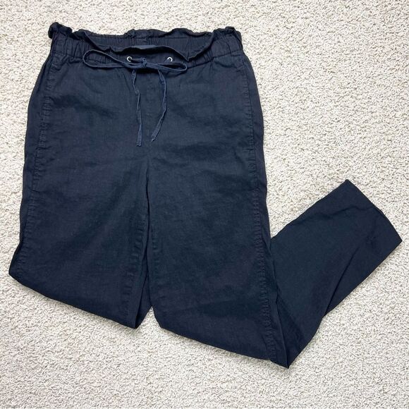 THEORY Slim Straight Linen Blend Pants Paper Bag Waist High Rise Black Size 00 - Picture 1 of 9